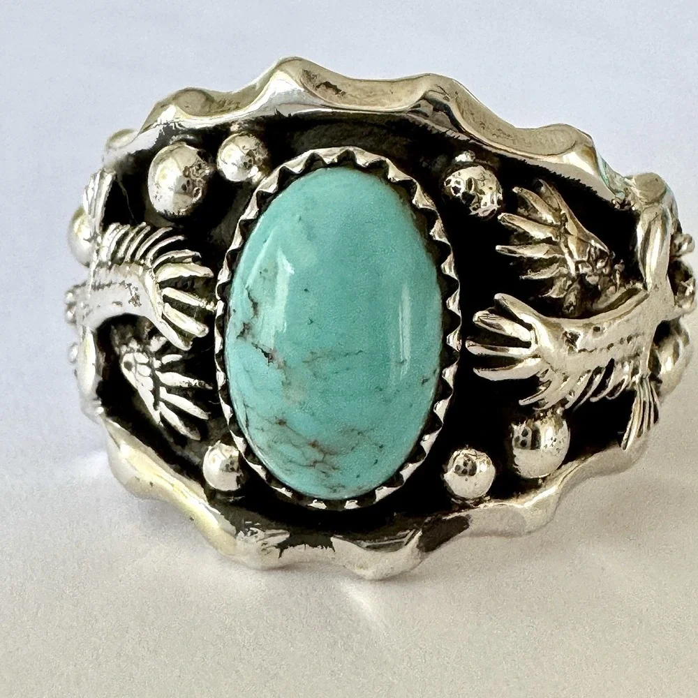 Navajo Eagle Mens Band Sz 13 Ring Turquoise Sterling Francisco Native American‎